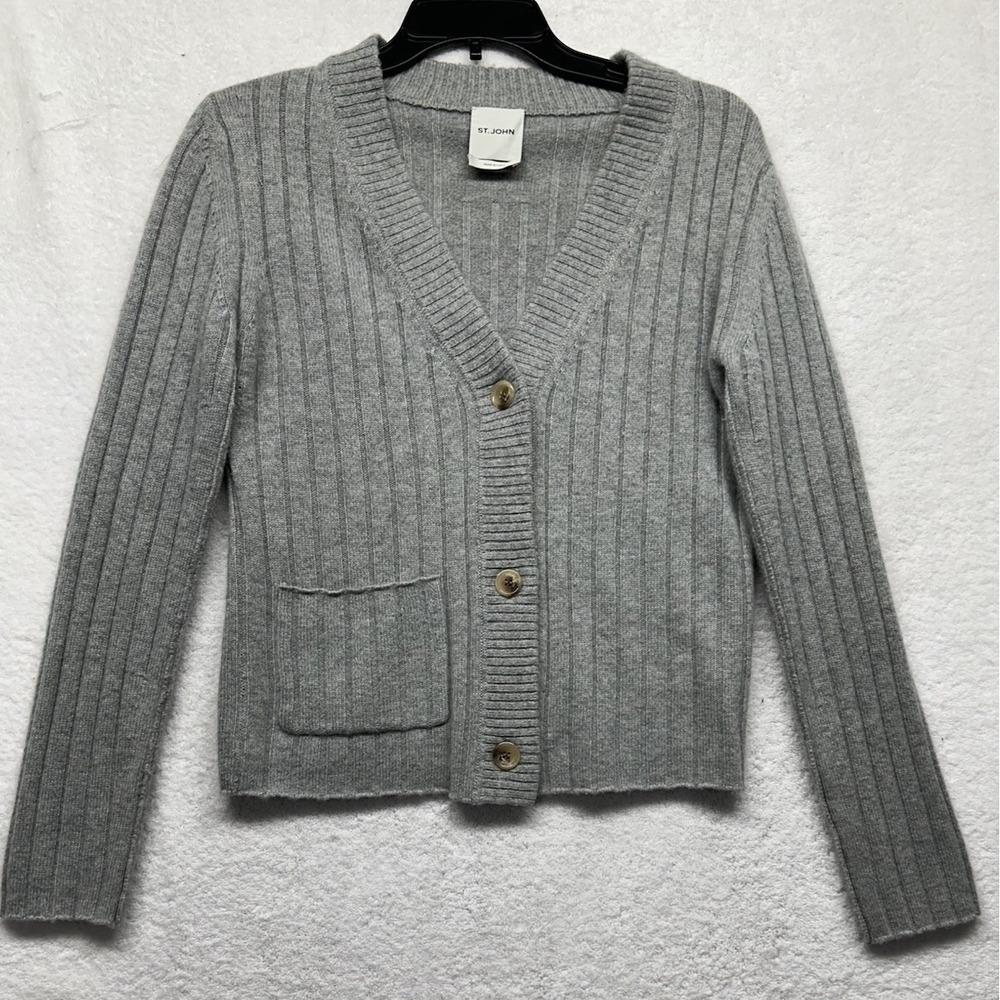 St. John Womens Size S Gray Long Sleeve Button Up Cashmere Cardigan Sweater (T2)